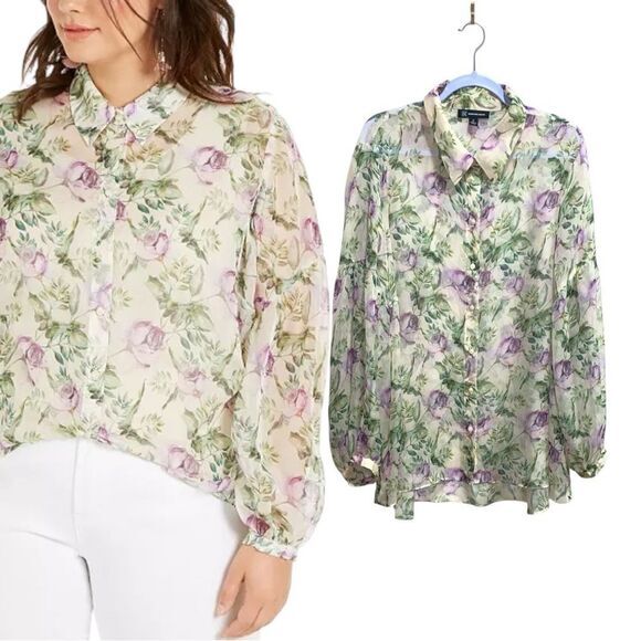 INC Sheer‎ Floral Button-Up Blouse 3X Purple Green Long Sleeve Romantic - Picture 1 of 15